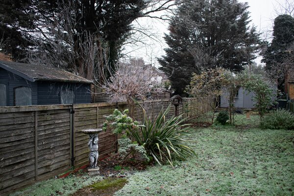 Ein ruhiger Garten im Winter mit leichtem Frost auf dem Gras.